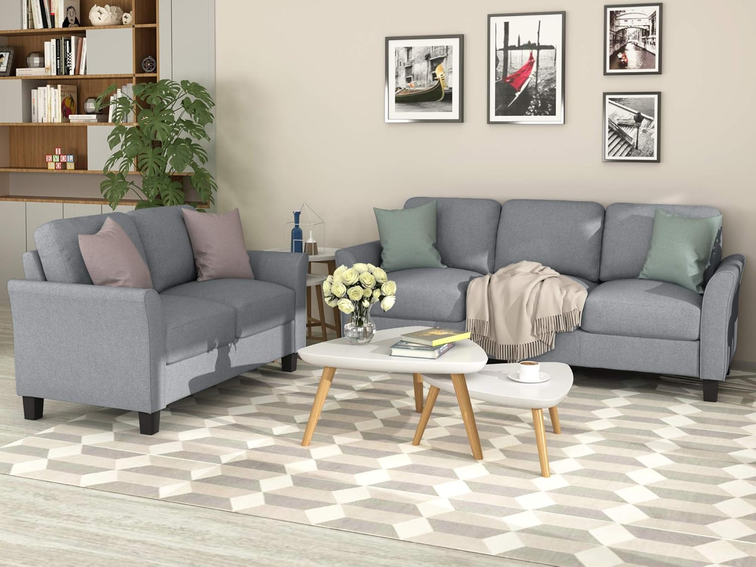 Seat 2 Pieces Living Room Furniture Sets Include 3-Seater Sofa, Loveseat, Upholstered Sectional Couch with Sturdy Metal Legs for Home, Office