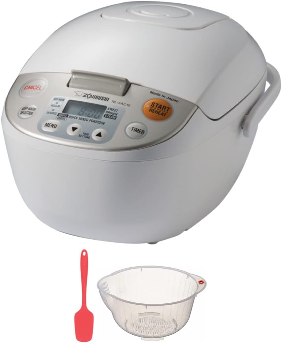 Zojirushi NL-AAC10 Micom Rice Cooker and Warmer (5.5-Cup/Beige) with Rice Washing Bowl/Drainer and Silicone Spoon Spatula Bundle (3 Items)