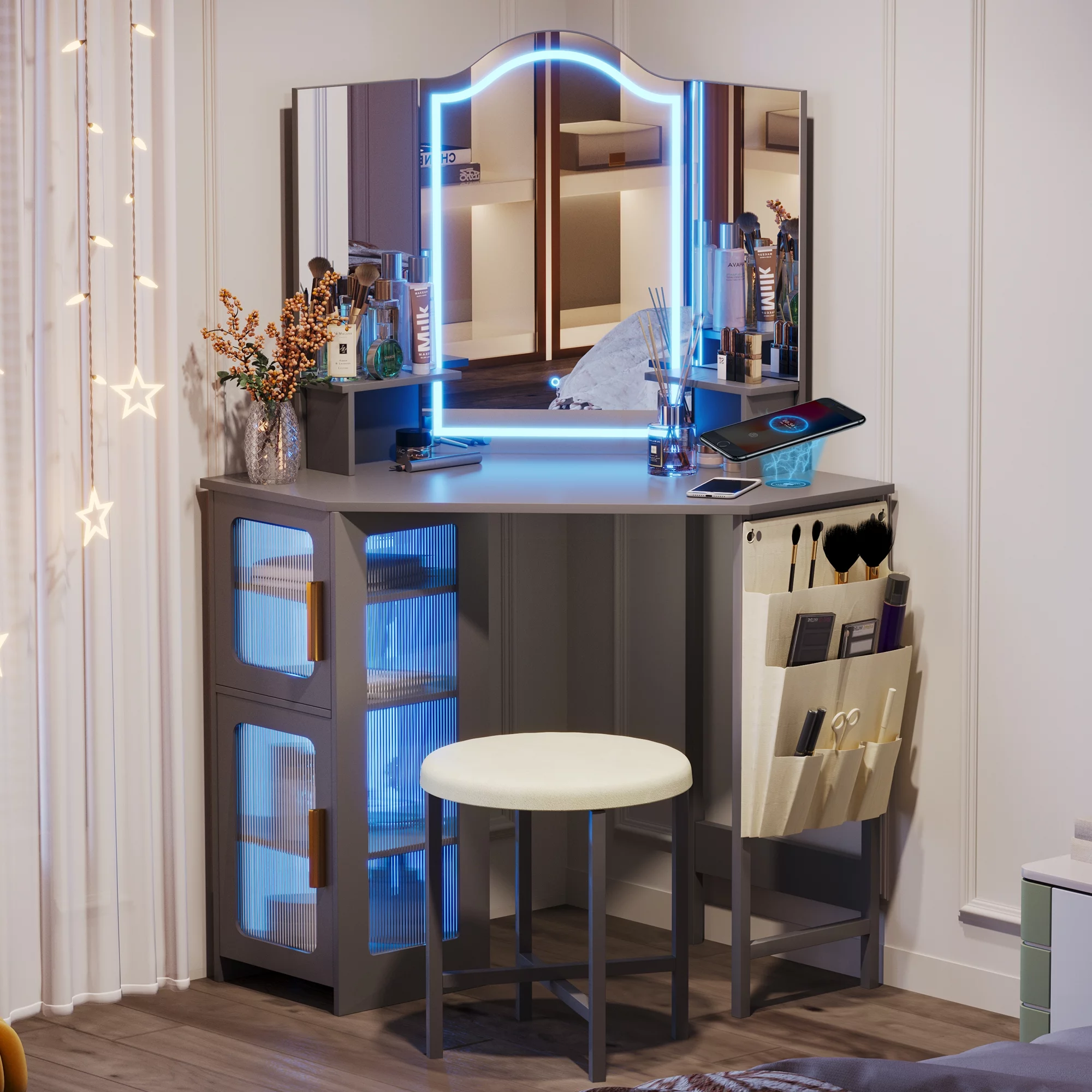 LVSOMT Makeup Vanity Desk with 3 Lighting Options, Dressing Table with Charging Station, Vanity Set with 4 Cabinets, Shelves and Stool