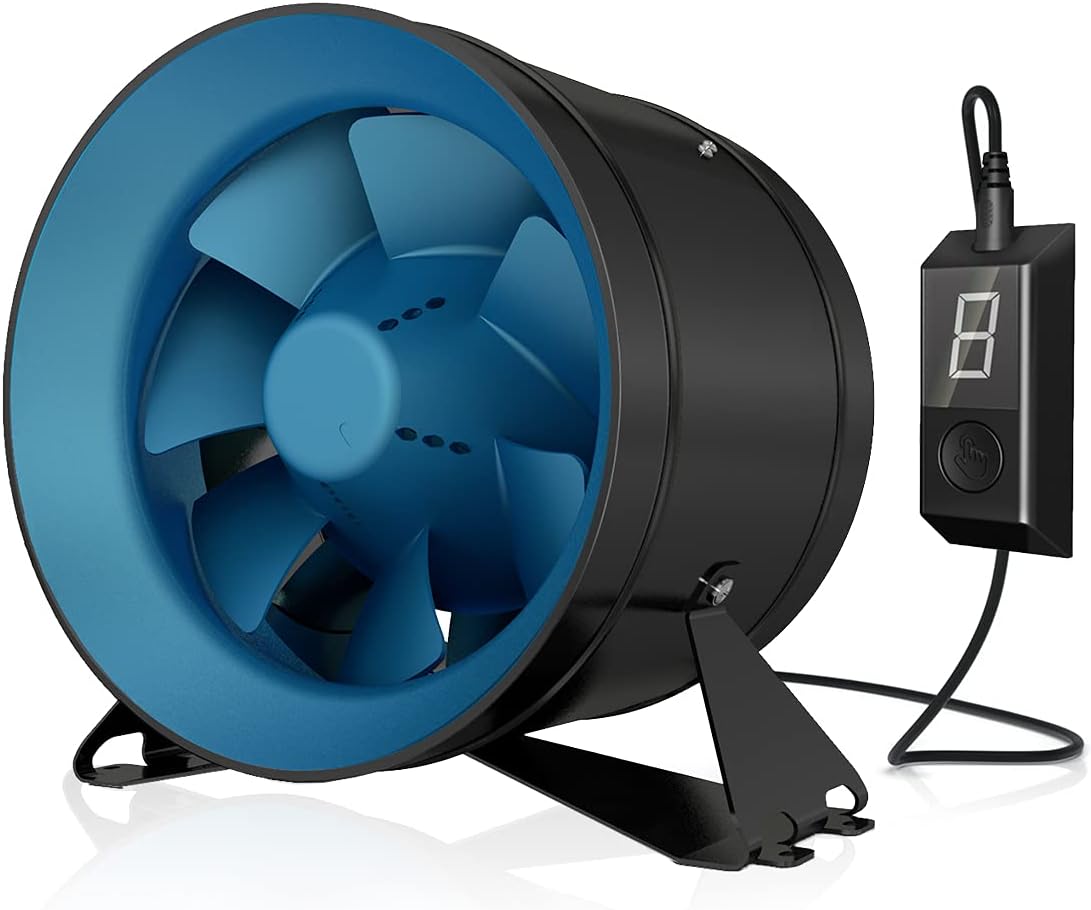 TerraBloom ECMF-250, Quiet 10 Inch Inline Duct Fan with 0-100% Variable Speed Controller, ETL, Energy Star and HVI Certified. Metal Case