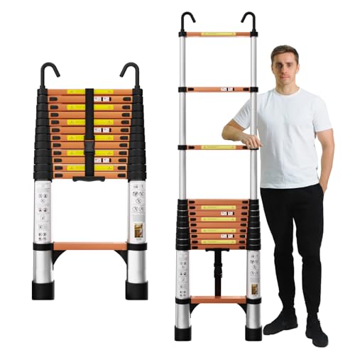 EvaStar 26.2FT Telescoping Ladder, Aluminum Lightweight Extension Ladder w/Triangle Stabilizer, Stabilizer Bar & Wheels