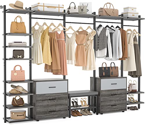Aheaplus Clothing Rack Heavy Duty Closet Organizer for Hanging Clothes, Large Wall Mounted Garment Rack Clothes Rack with 6-Drawers for Wardrobe
