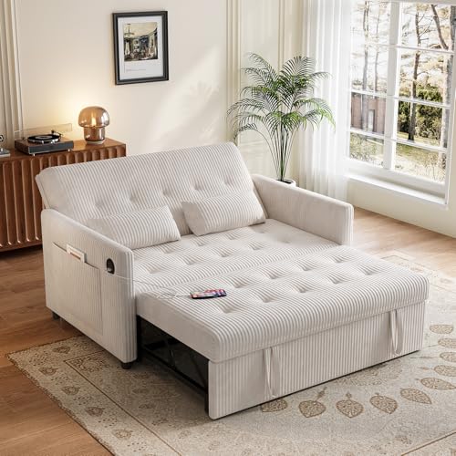 Sofa Bed, Loveseat 3-in-1 Sleeper Sofa with Pull Out Bed, Pockets and USB