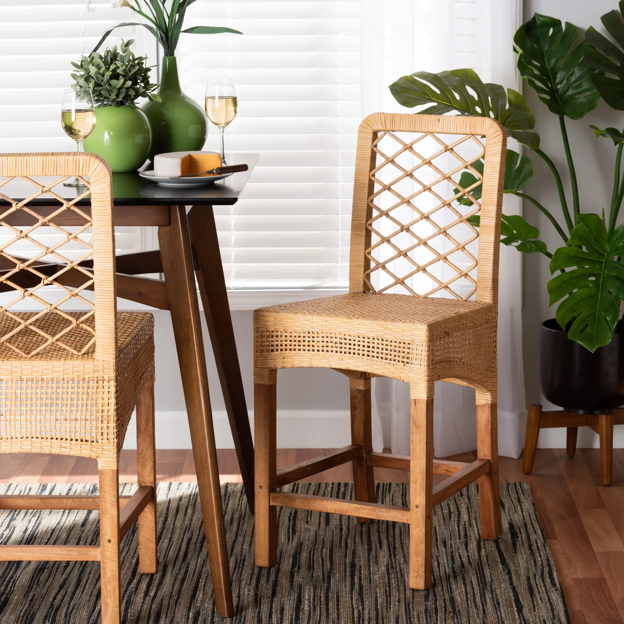 bali & pari Moscow Modern BoHo Natural Rattan and Walnut Brown Finished Wood Counter Stool