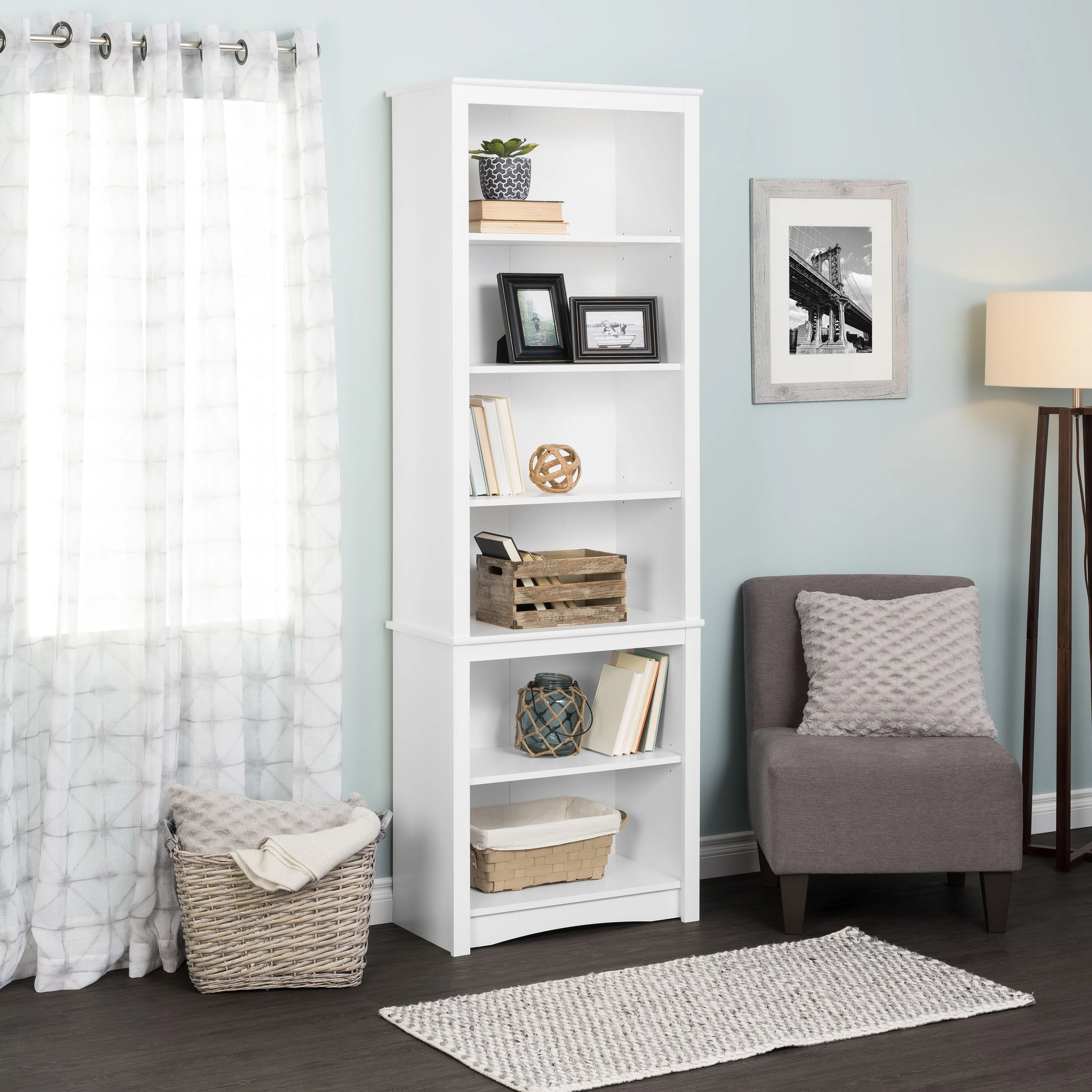 Prepac Home Office Modern 80" Tall Bookcase with Adjustable Shelves, White