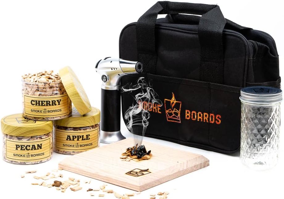 Smoked Cocktail Kit. The only Complete 7 Piece Home Bartender Kit with Carrying case and Torch Included! Handcrafted White Oak Smoking Board with 3