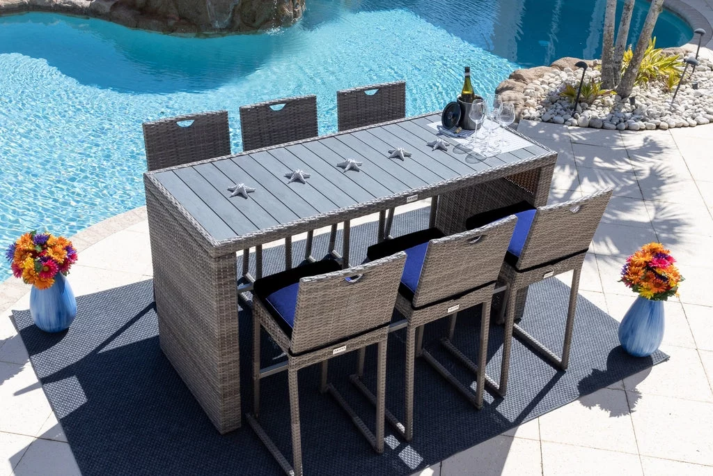 Sorrento 7-Piece Resin Wicker Outdoor Patio Furniture Bar Set in Gray W/Bar Table and Six Bar Chairs (Flat-Weave Gray Wicker, Sunbrella Canvas Navy)