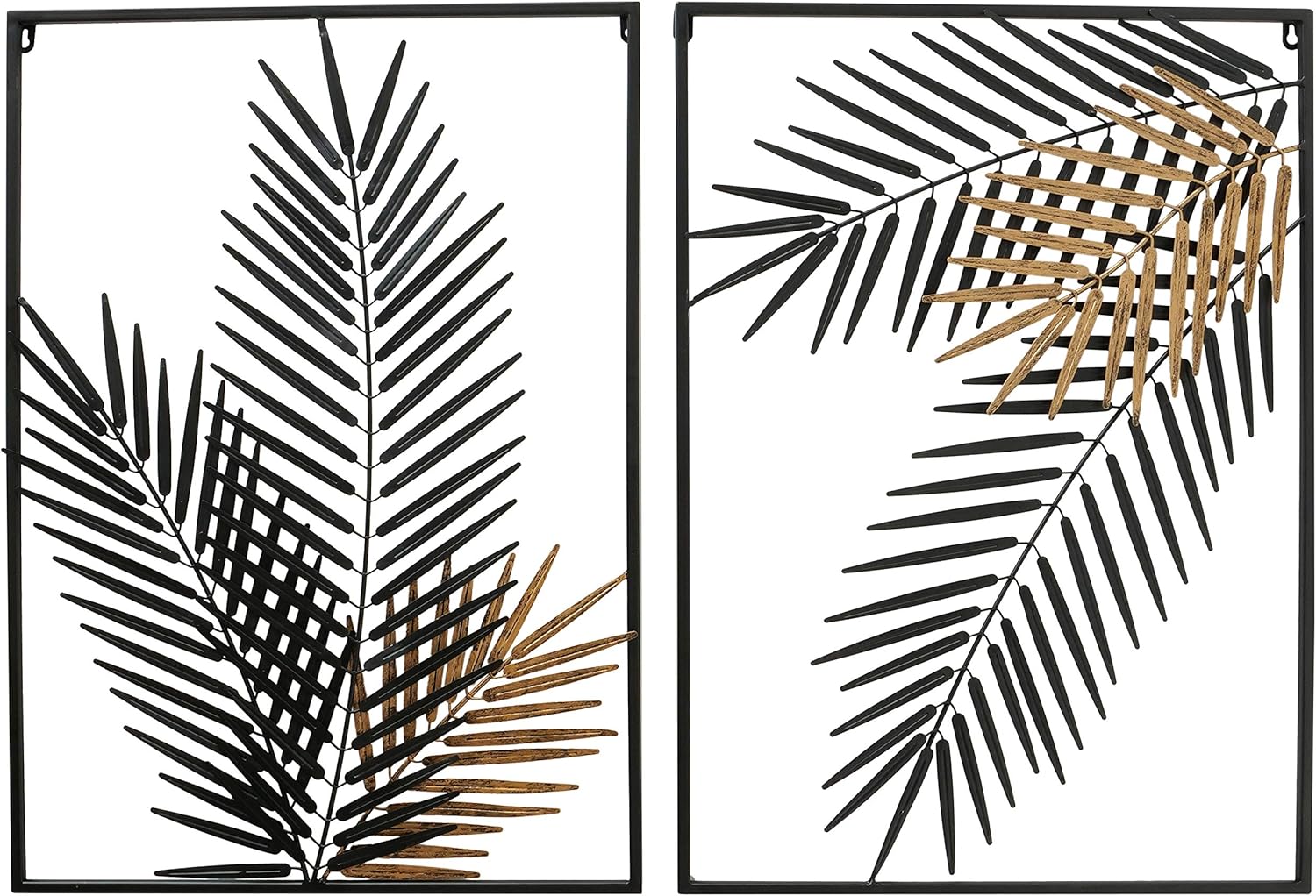 WHW Whole House Worlds Tropical Jungle Leaf Framed Composition Panels, Set of 2, Gold Gilt, Abstract Wall Art, Black Framed