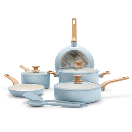 GreenPan Rio Essence Wood 10 Piece Cookware Pots and Pans Set, Healthy Ceramic Nonstick, PFAS PFOA Free Coating, Induction, Silicone Rim Lids