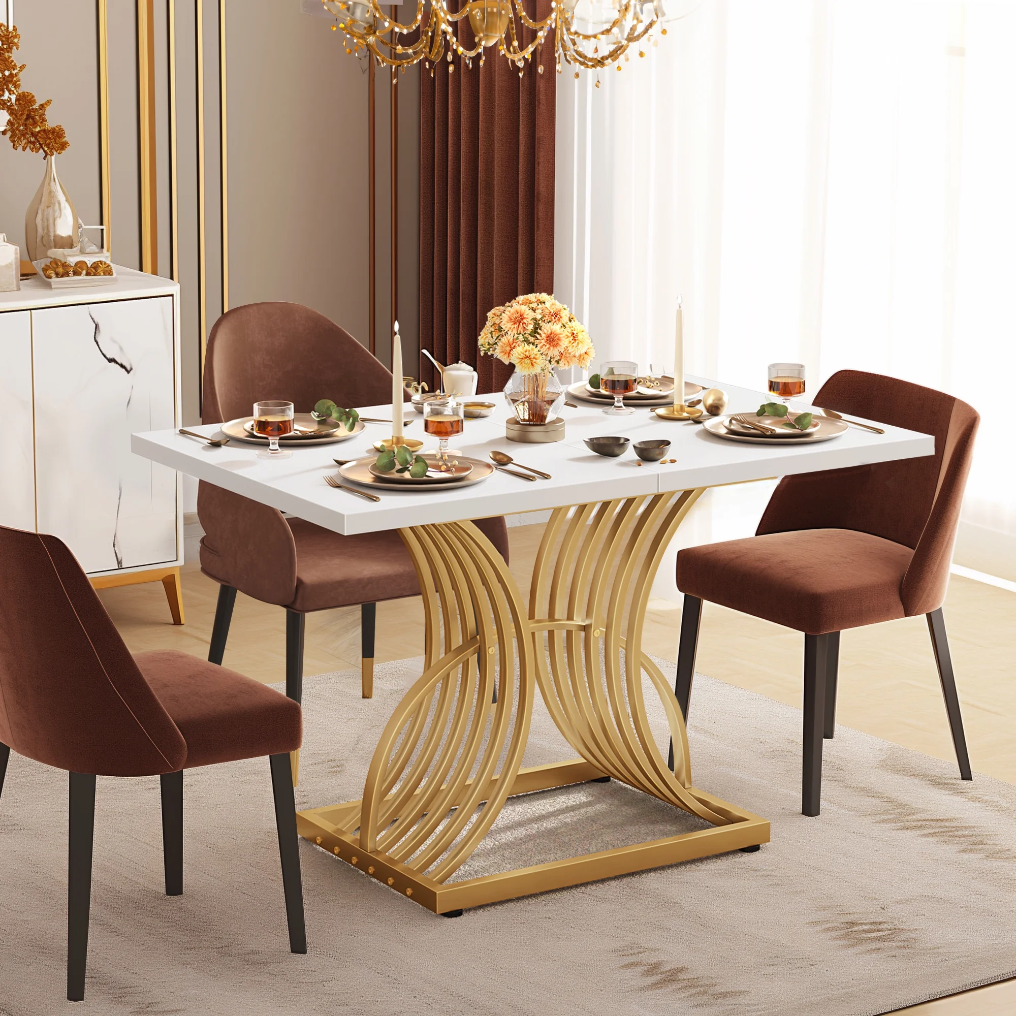 Dextrus 46.9" Modern Gold Dining Table, Rectangular Elegant Dinner Room Table Kitchen Table for 4-6 People Seats,Living Room, White & Gold