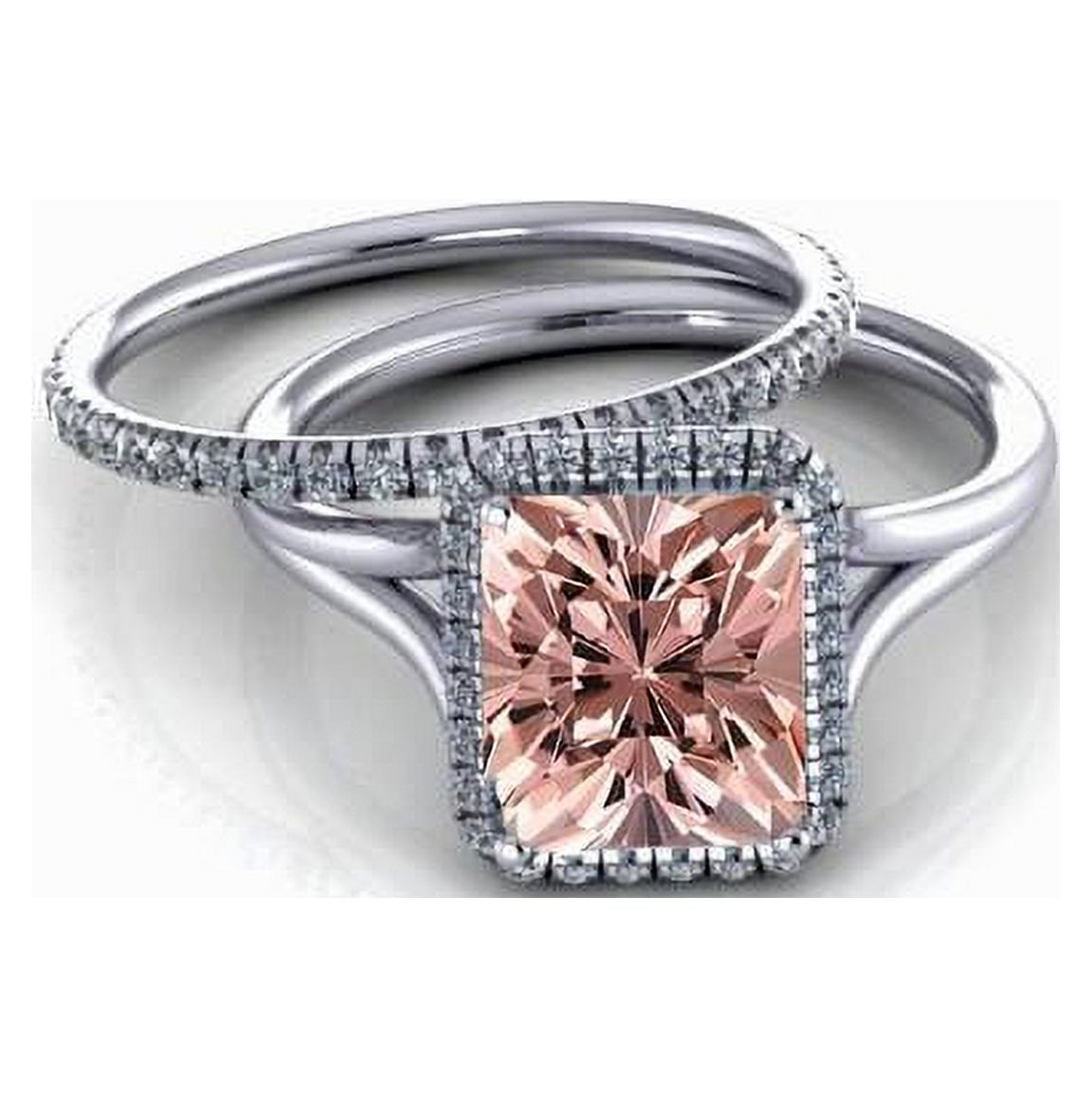 1.75 Carat 7x5mm Emerald Cut Morganite Bridal Set with Diamond Moissanites with 18k Gold Plating