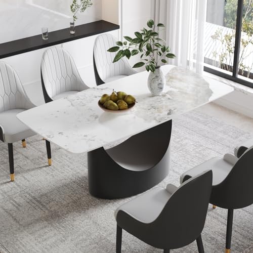 Modern Rectangle Marble Dining Table,63" White Marble Sintered Stone Top Dining Table