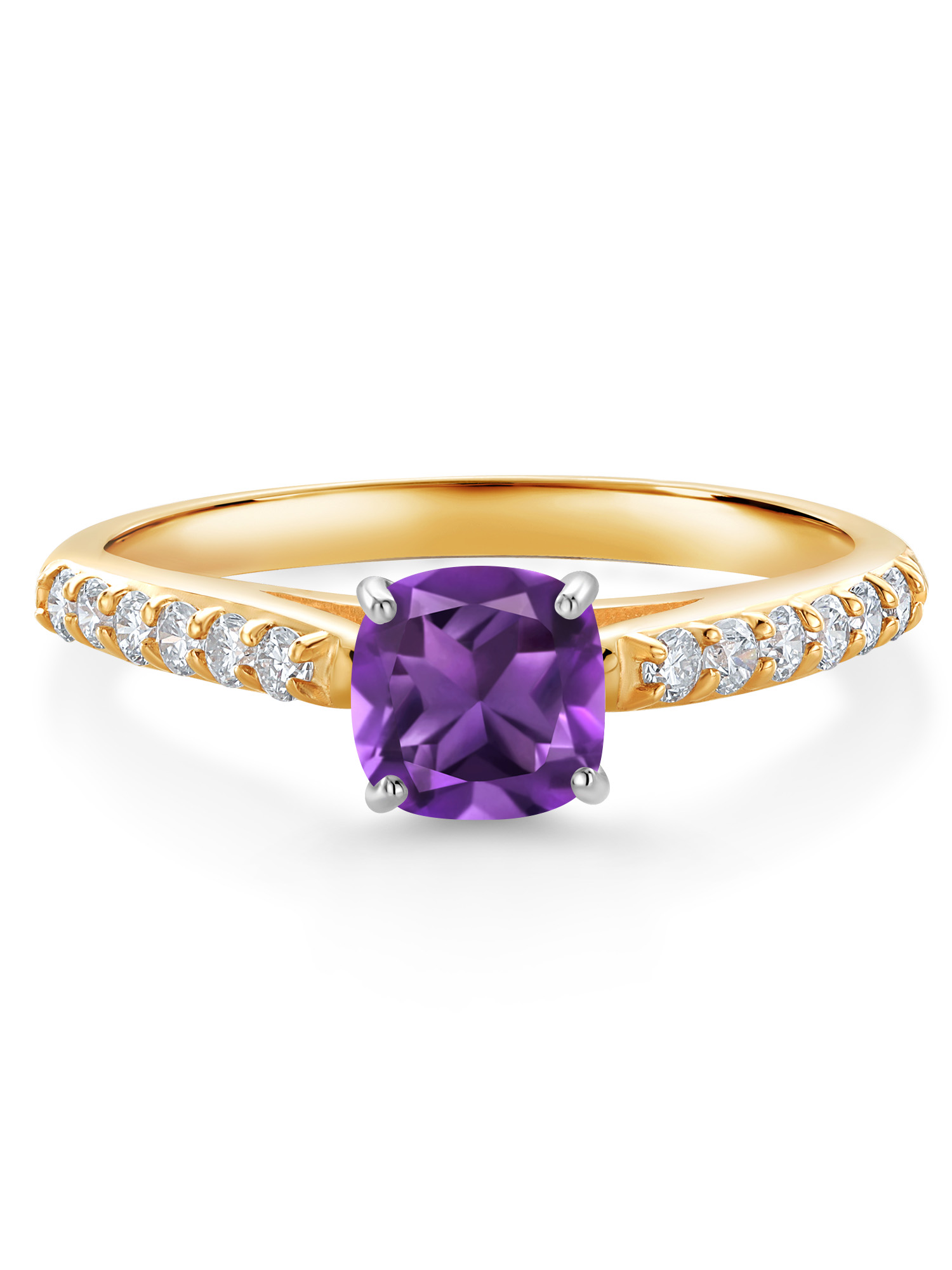 Gem Stone King 10K White Gold 5MM Cushion Cut Purple Amethyst and White Lab Grown Diamond Engagement Ring For Women (0.72 Cttw