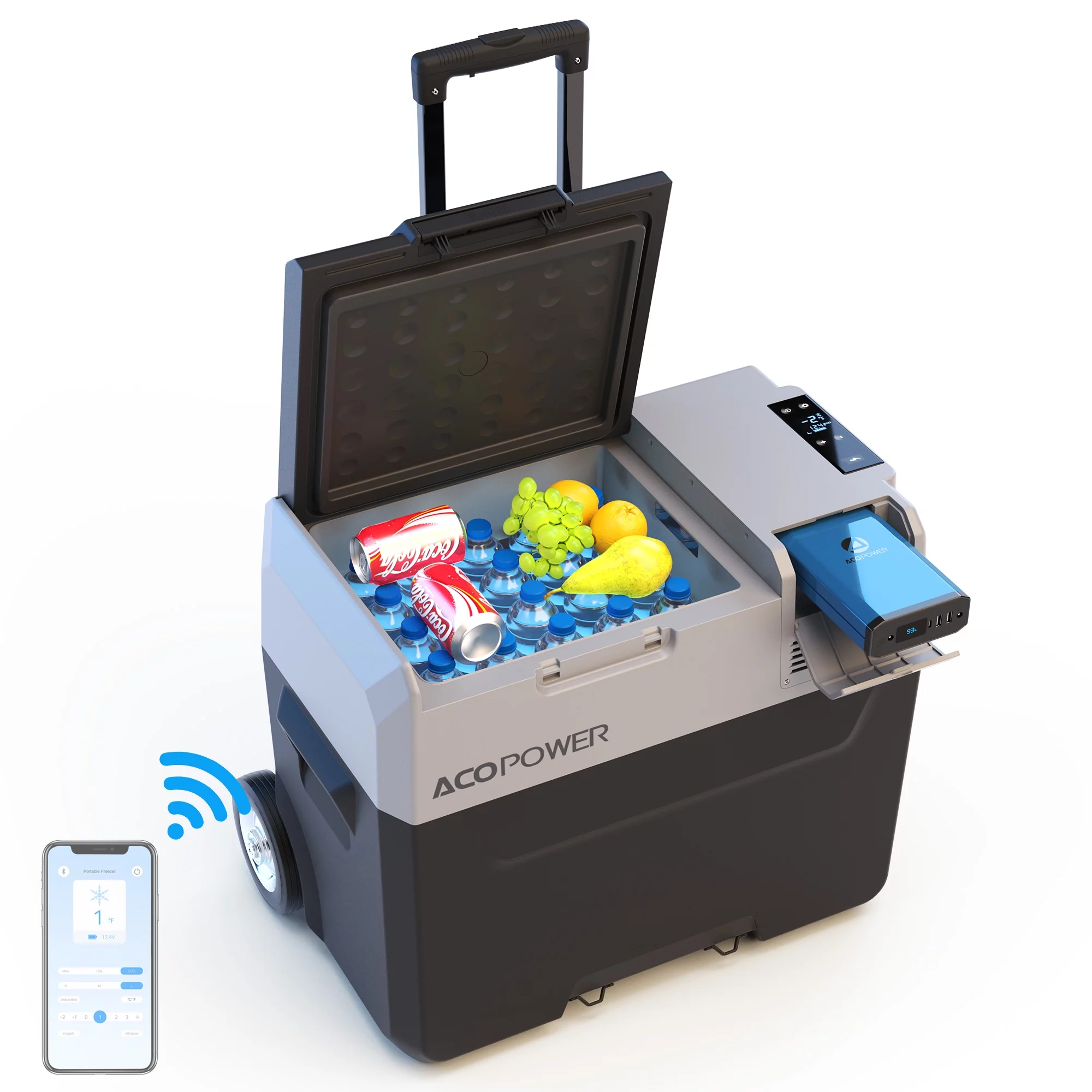 ACOPOWER 42Qt  Portable Refrigerator Freezer Car Freezer with Battery and 6'' off-Road Wheels, 12V,45W Cooler Freezer,Low Noice