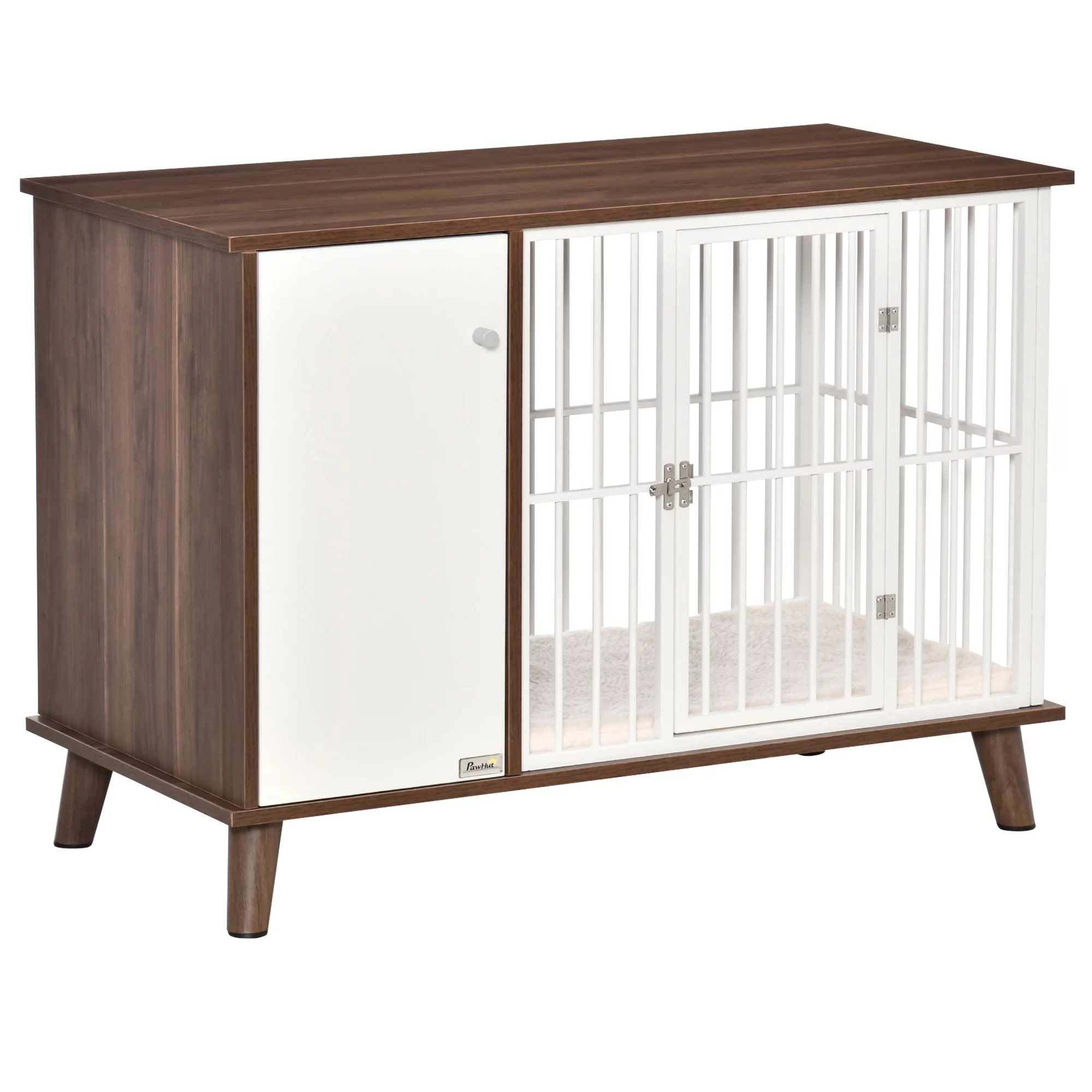 PawHut Wooden Dog Kennel, End Table Furniture with Cushion & Lockable Magnetic Doors, Small Size Pet Crate Indoor Puppy Cage, Brown
