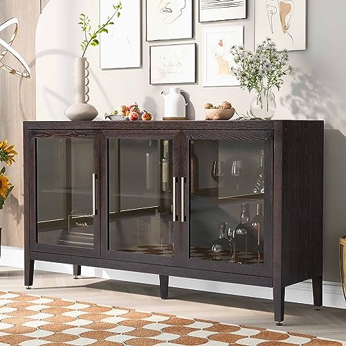 Amposei Modern Sideboard Cabinet 58.2-Inch Credenza Glass Door Console Storage Cabinet Dining Buffet with Adjustable Shelf for Living Room Entryway