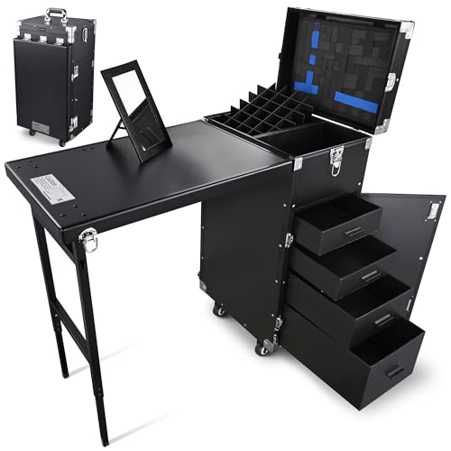BYOOTIQUE Rolling Manicure Table Foldable Nail Table Makeup Train Case Tattoo Station Portable Nail Desk Workstation with 4 Drawers Mirror for Salon