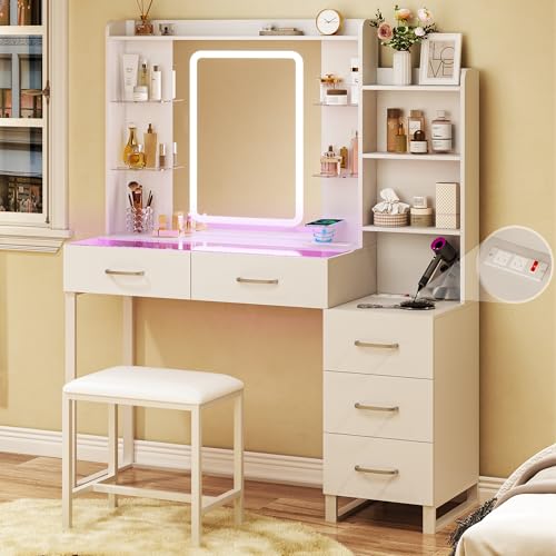 Vanity Desk with Mirror and LED Lights, 43" Makeup Vanity with Glass Top & Wireless Charging, Vanity with RGB Drawers, 3 Colors Light