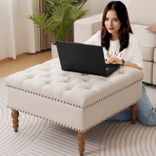 BEDHOURS Large Square Ottoman Coffee Table with Rivet Decoration, Hand-folded Roll Style Storage Ottoman with Solid Wood Shelf (Beige)