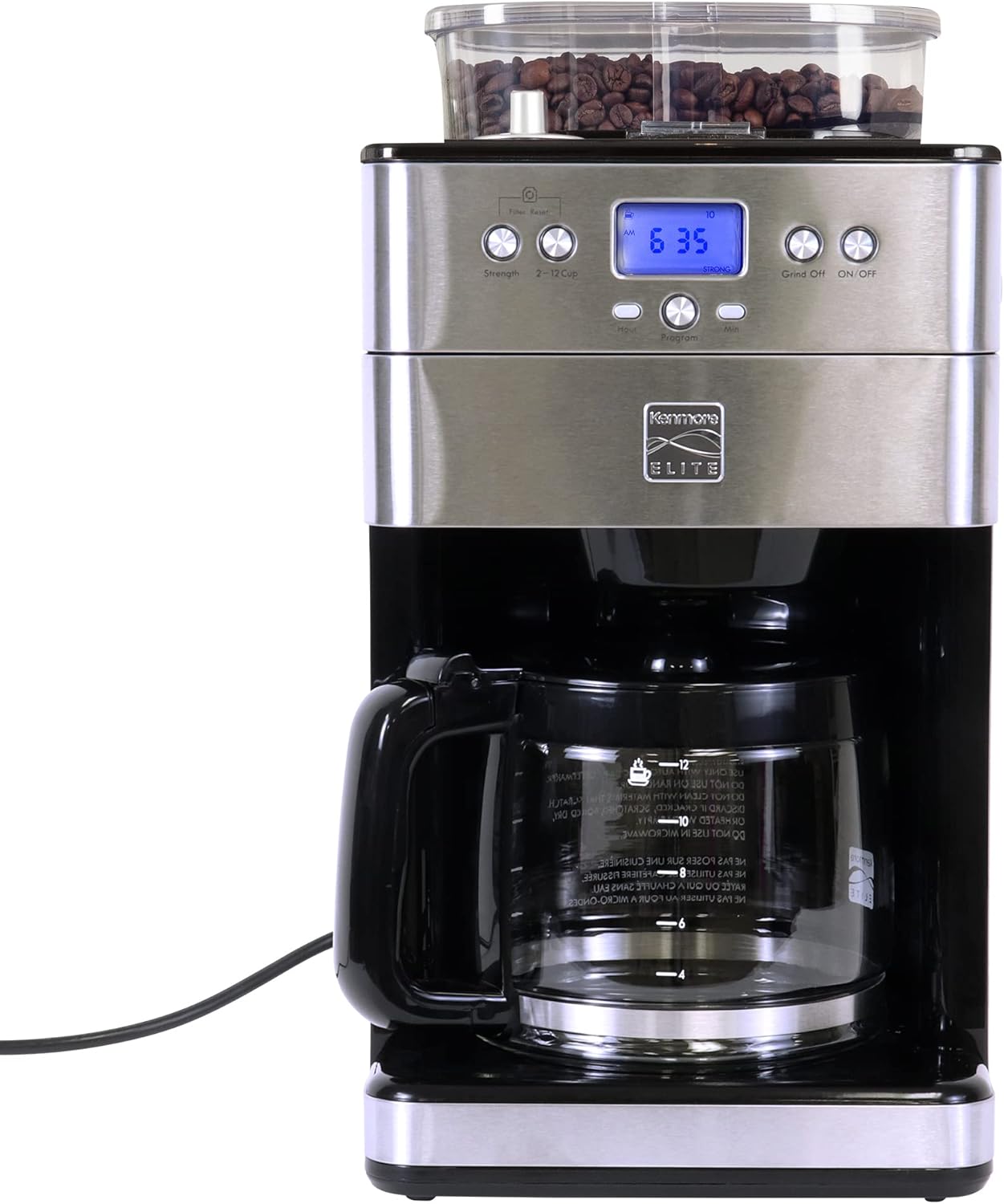 Kenmore Elite Grind and Brew Coffee Maker w/ Burr Grinder, 12 Cup Programmable Automatic Timer Brew Coffee Machine, Air-Tight Bean Hopper