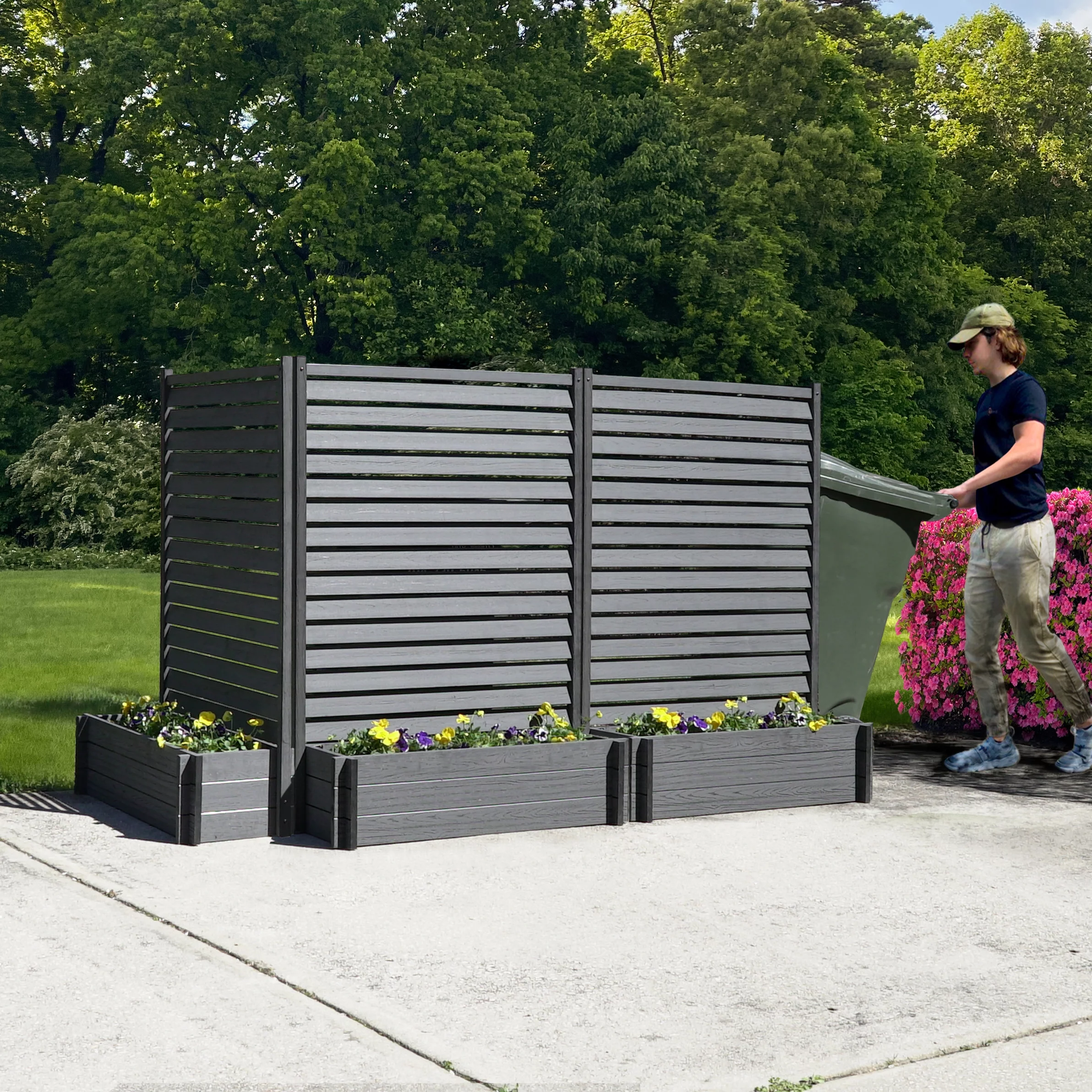 Enclo Privacy Screens EC18023 5ft H x 3.5ft W x 1.3 ft L Sedona WoodTek Vinyl Charcoal Color Louvered Freestanding Screen w/ Planter Box