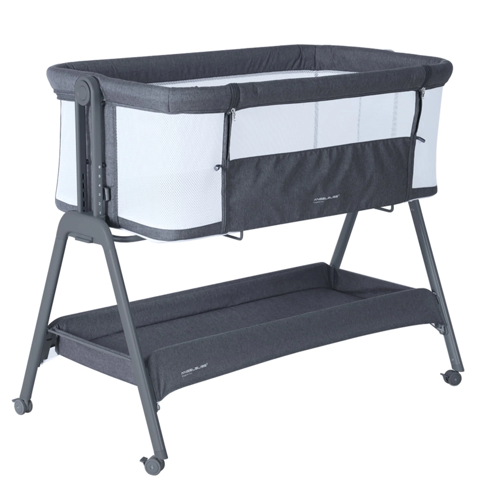 ANGELBLISS Flat Bedside Bassinet with Storage Basket, Easy Folding Portable Crib with Wheels, Included Breathable Mesh