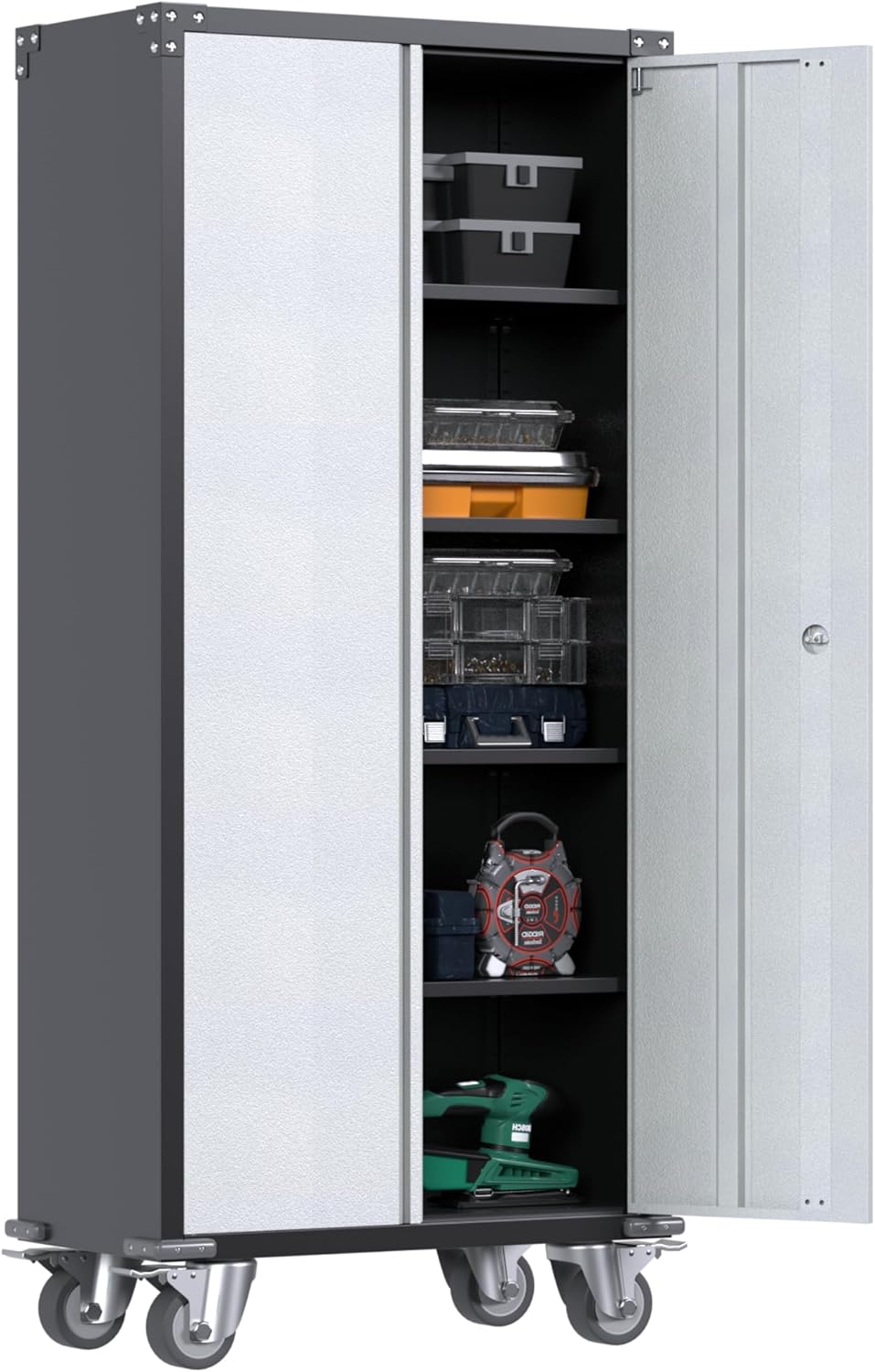 71'' Locking Metal Cabinet with 2 Door and 4 Adjustable Shelves, Lockable Garage Storage Cabinet on Wheels, Rolling Tool Cabinets for Utility Room