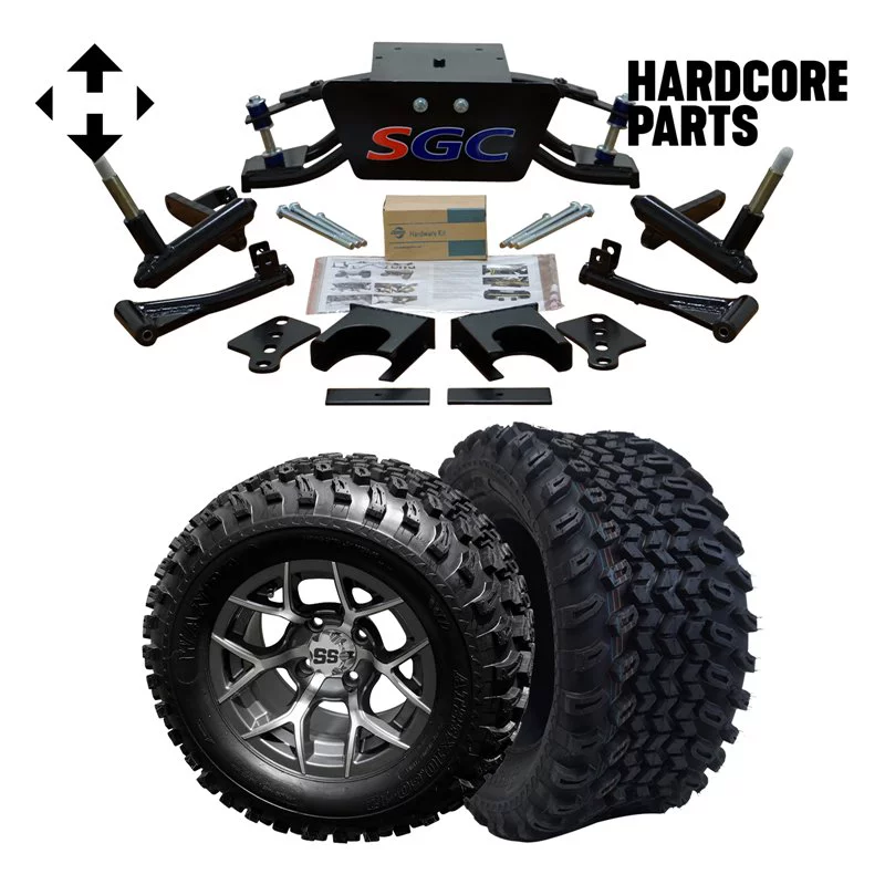Hardcore Parts 6” Heavy Duty Double A-Arm Suspension Lift Kit for Club Car DS Golf Cart (2004.5-Up) with 12" Machined/Gunmetal 'Rally' Wheels and