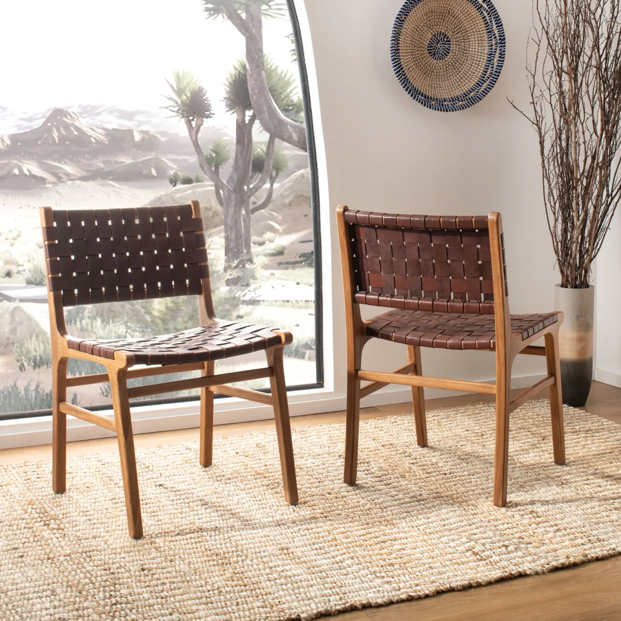 SAFAVIEH Taika Woven Leather Dining Chair, Cognac/Natural, Set of 2