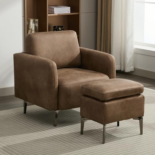 Accent Chair with Ottoman Set, Upholstered Barrel Arm Chair with Footrest Modern Living Room Single Sofa Chairs with Metal Legs for Bedroom