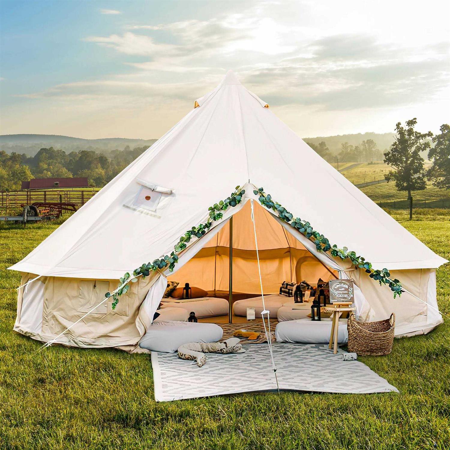 Dextrus Camping Tent 4 Seasons Glamping Bell Tent Waterproof with Stove Jacks &amp; 4 Breathable Windows Cotton for Outdoor Family Party
