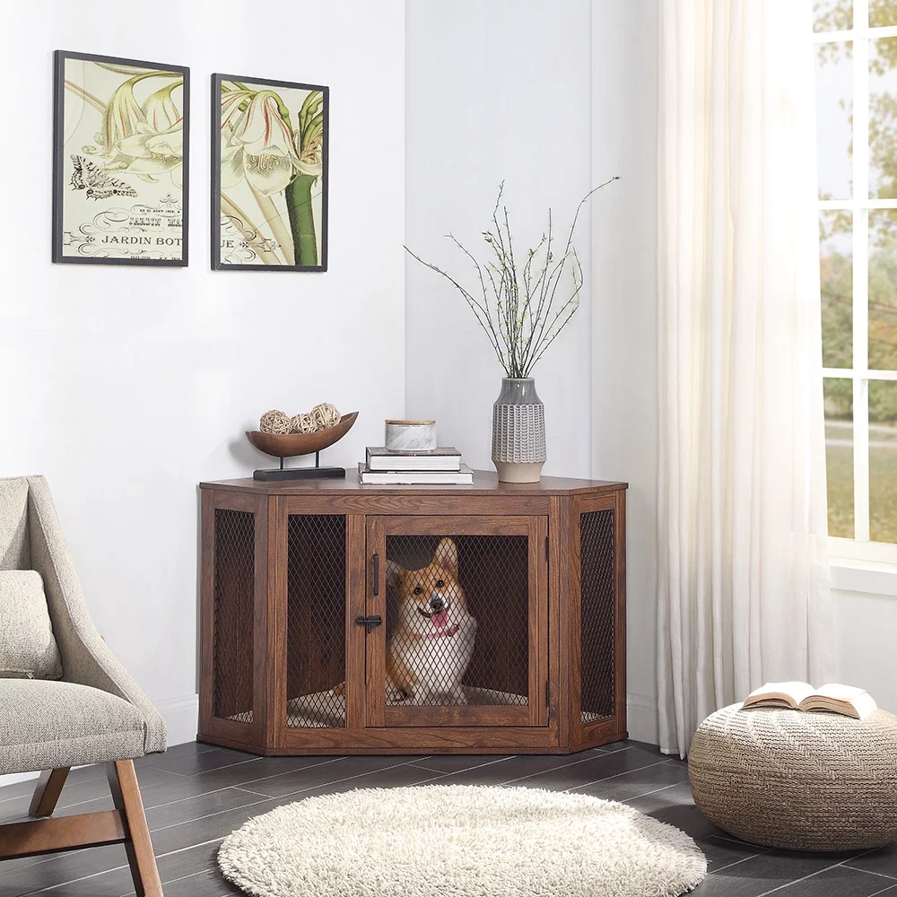 Unipaws Corner Dog Crate, Dog Crate furniture with Cushion, Dog Kennel with Wood and Mesh, Dog House for Limited Room (Medium, Walnut)
