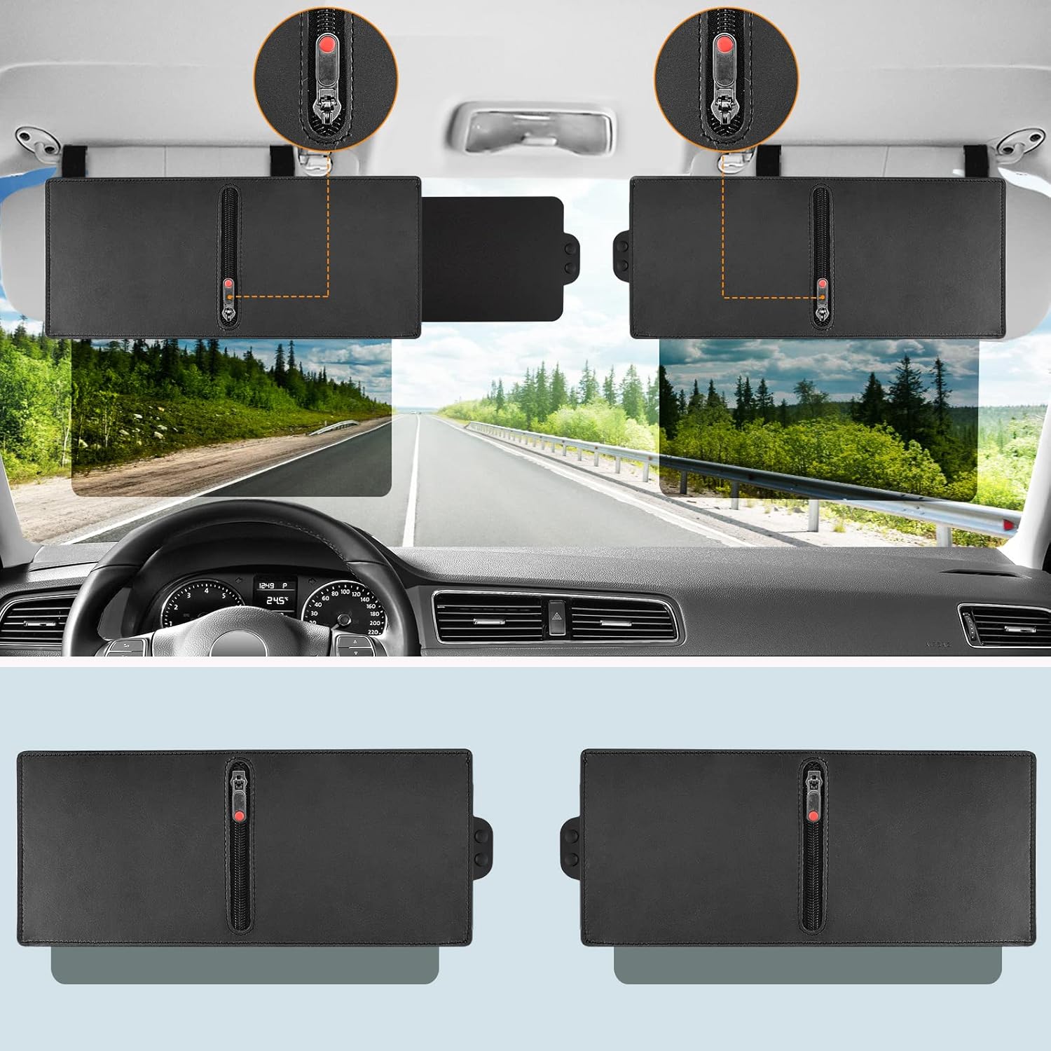 Veharvim 2 Pack Polarized Sun Visor for Car with Zipper Slider, Upgraded UV400 Car Sun Visor Extension with PC Lens and Side Sunshade