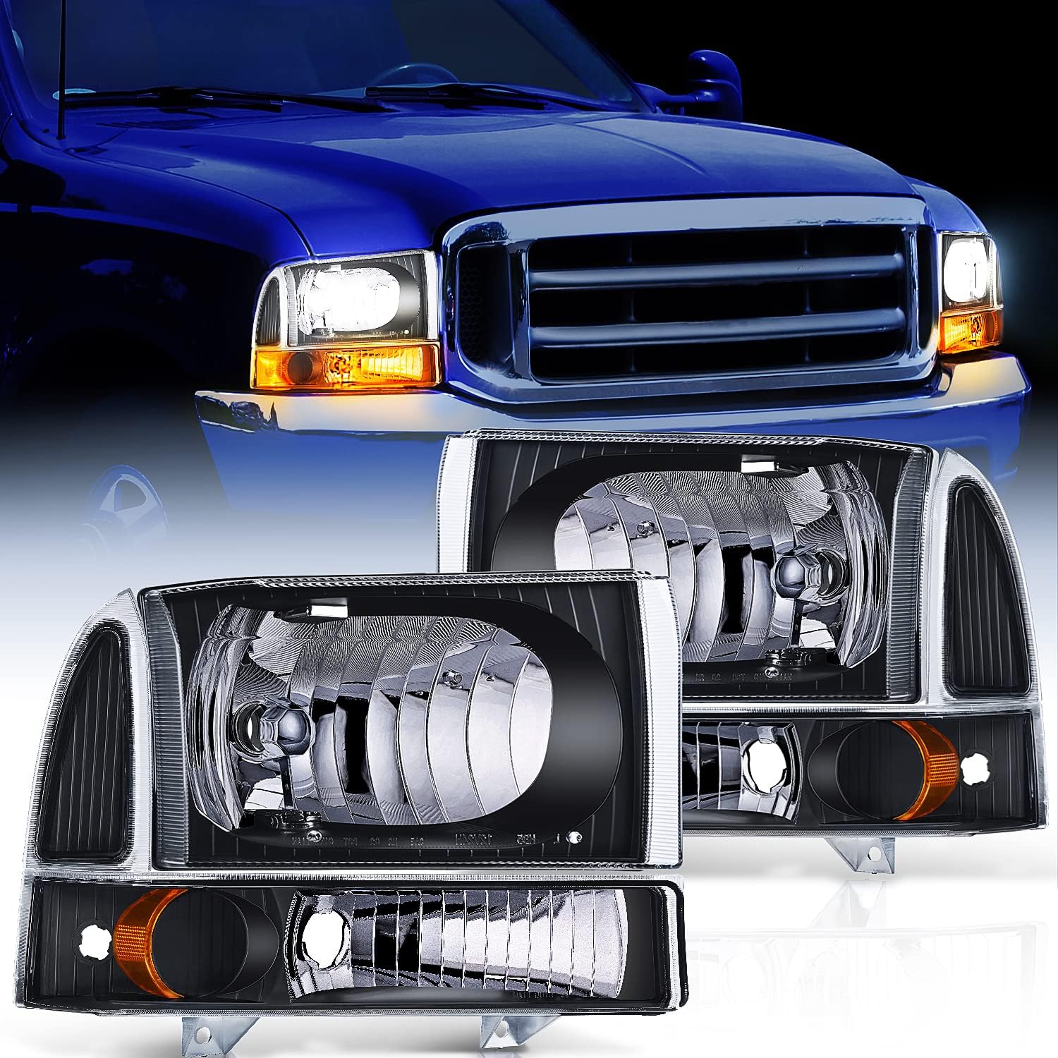 Nilight Headlight Assembly Replacement 1999 2000 2001 2002 2003 2004 F250 F350 F450 F550 Super Duty Black Housing Amber Corner Clear Lens