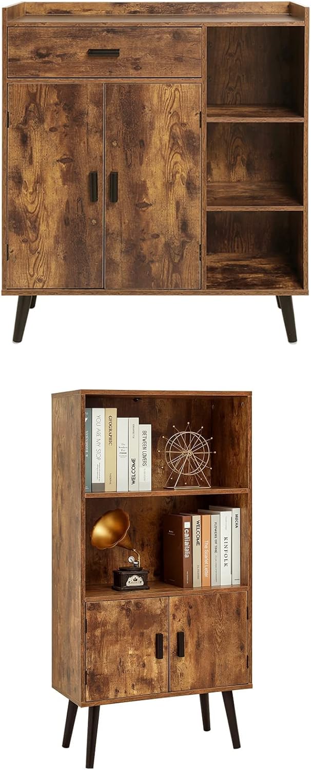 usikey Mid-Century Storage Cabinet with 1 Drawer 2 Doors 3 Shelves & Bookcase Storage Cabinet, Free Standing Cupboard with 4 Legs