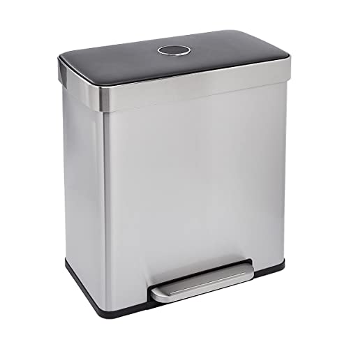 Amazon Basics Rectangular Recycling Trash Can with 2 Compartments, Grey,Silver, 60 Liters