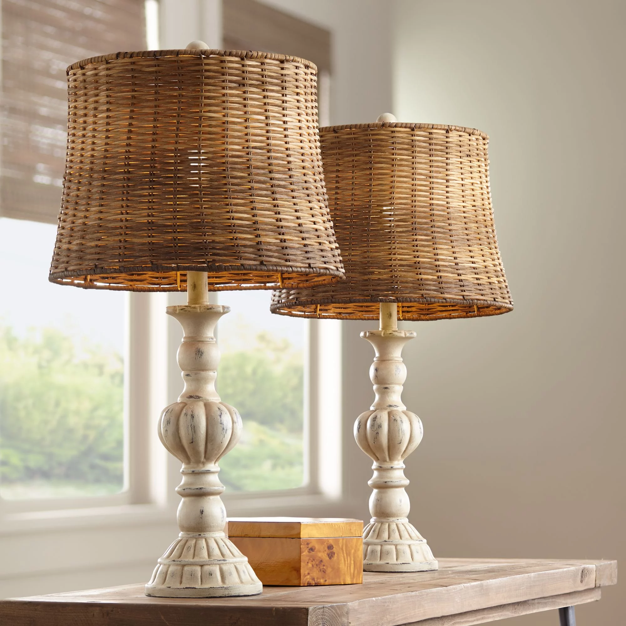 John Timberland Trinidad Country Cottage Table Lamps 26 1/2" High Set of 2 Antique White Candlestick Rattan Tapered Drum Shade for Bedroom Living Room