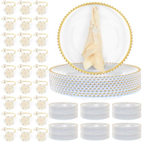 Tioncy 100 Pcs Clear Charger Plates Bulk Beaded Charger Plates and Napkin Rings 13 Inch Plastic Round Chargers for Dinner Plates Wedding Party Event