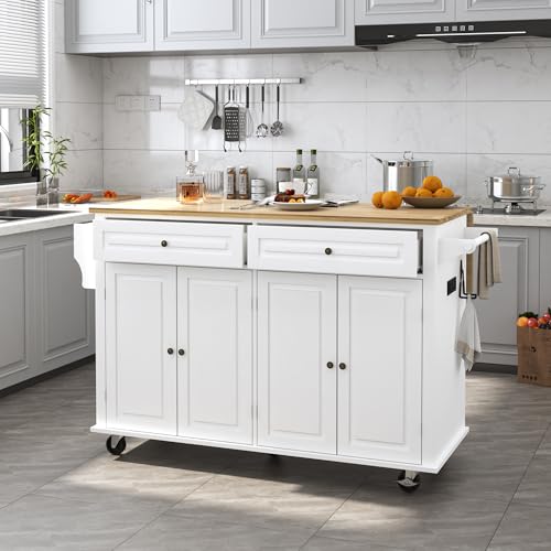 Kitchen Cart with Wood Top and Drop Leaf Breakfast Bar, Rolling Mobile Kitchen Island Table on Wheels with Drawer and Storage Cabinet, Spice Rack