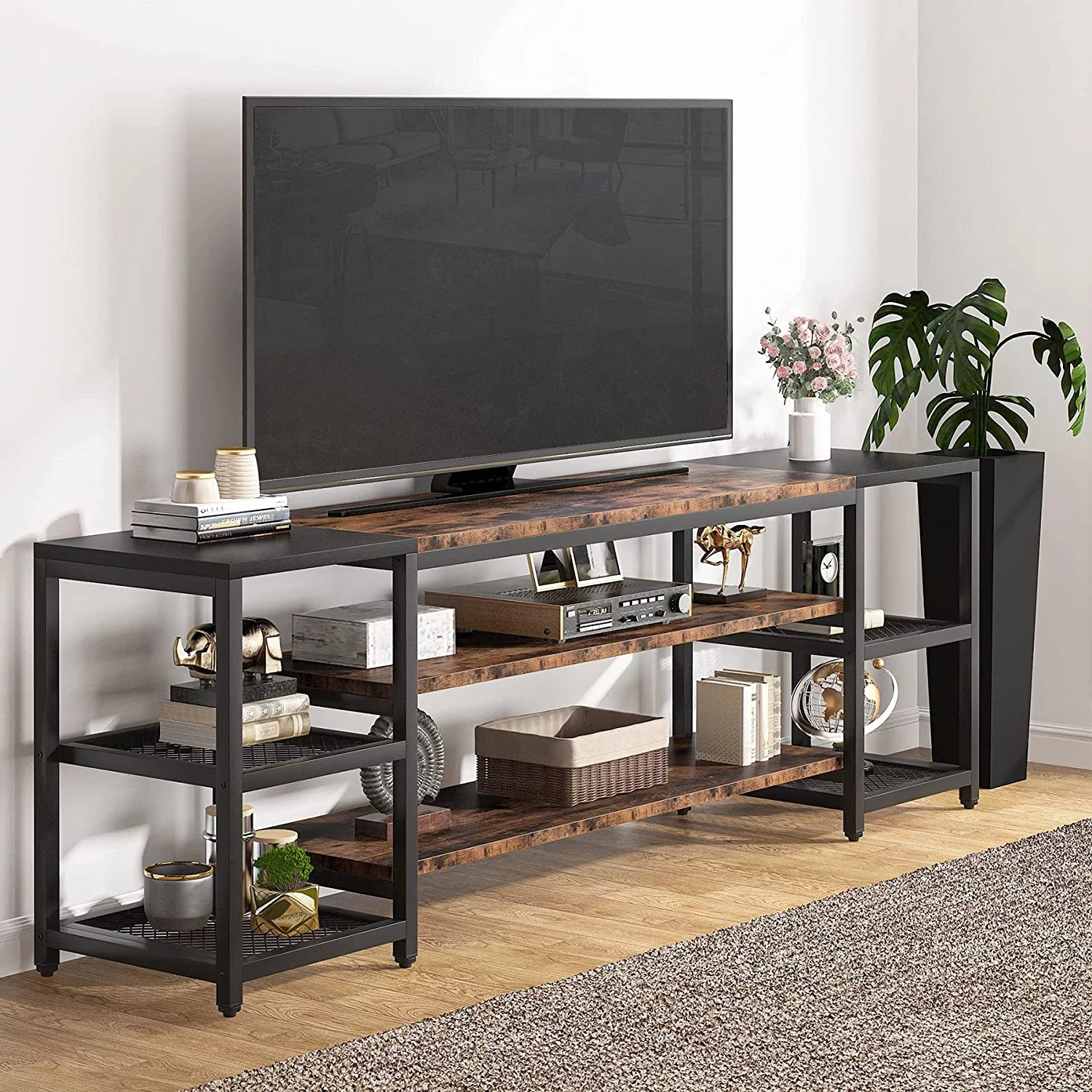 Tribesigns 78" TV Stand for TVs Up to 65" Industrial Media Console Table with 3 Tier Storage Shelves Brown and Black