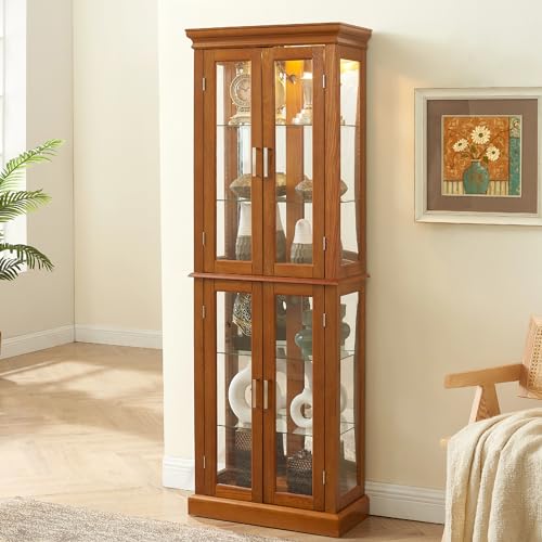 Curio Glass Display Cabinet with Lighted and Mirrored Back Panel,China Cabinets with Glass Doors