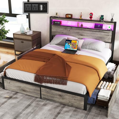 SADENICEL Queen Bed Frame with Storage Headboard and 4 Drawers, Metal Platform Bed Frame with LED Light, Charging Station, No Box Spring Needed