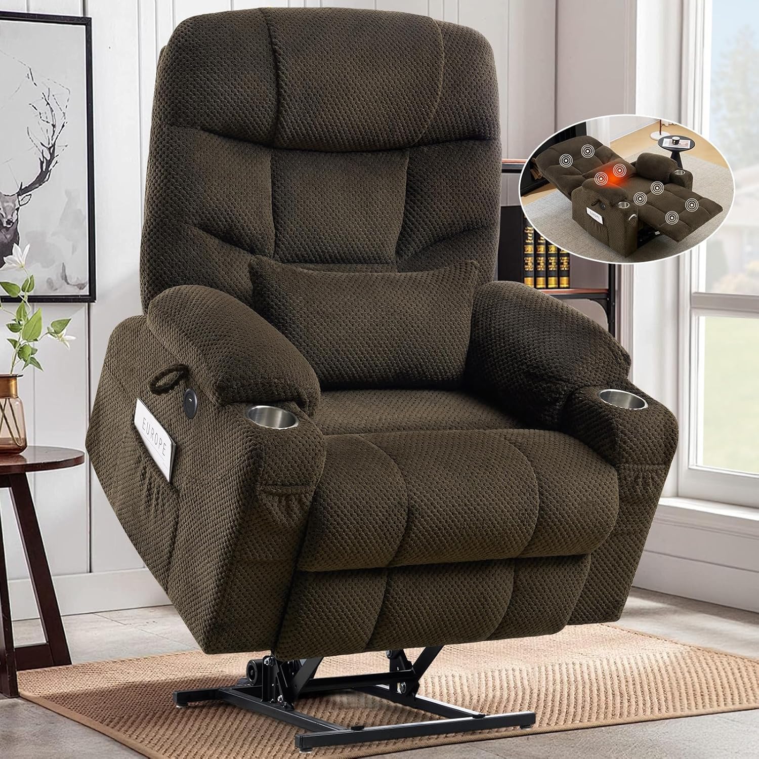 Dual Motor Lay Flat Power Lift Recliner Chair for Elderly with Heat and Massage