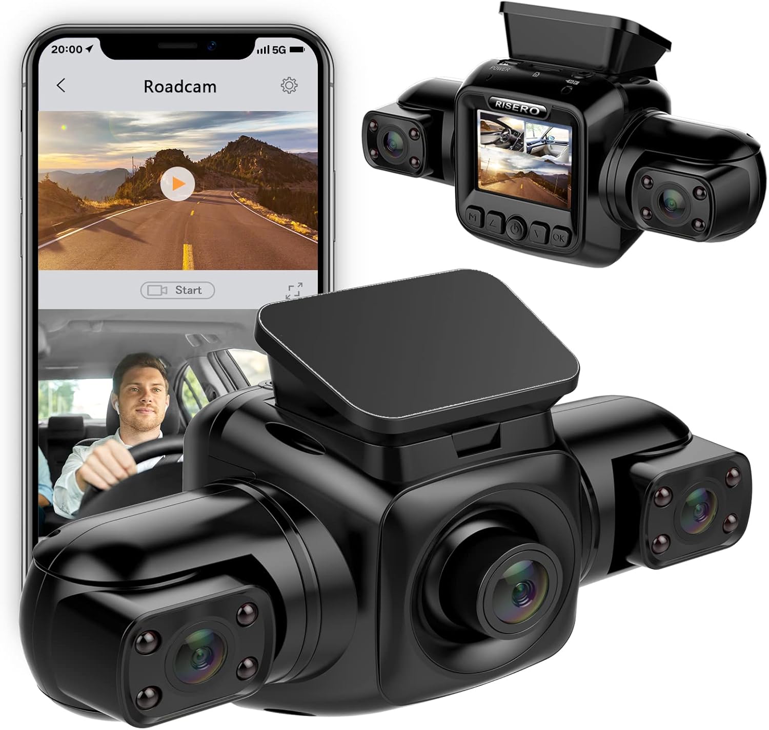 Dual Dash Cam 1080P Dashboard Camera Front and Rear 3 Way Cam HD Angle Lens Recording Control IR Night Vision 24hr Motion Detection G-Sensor Mobile