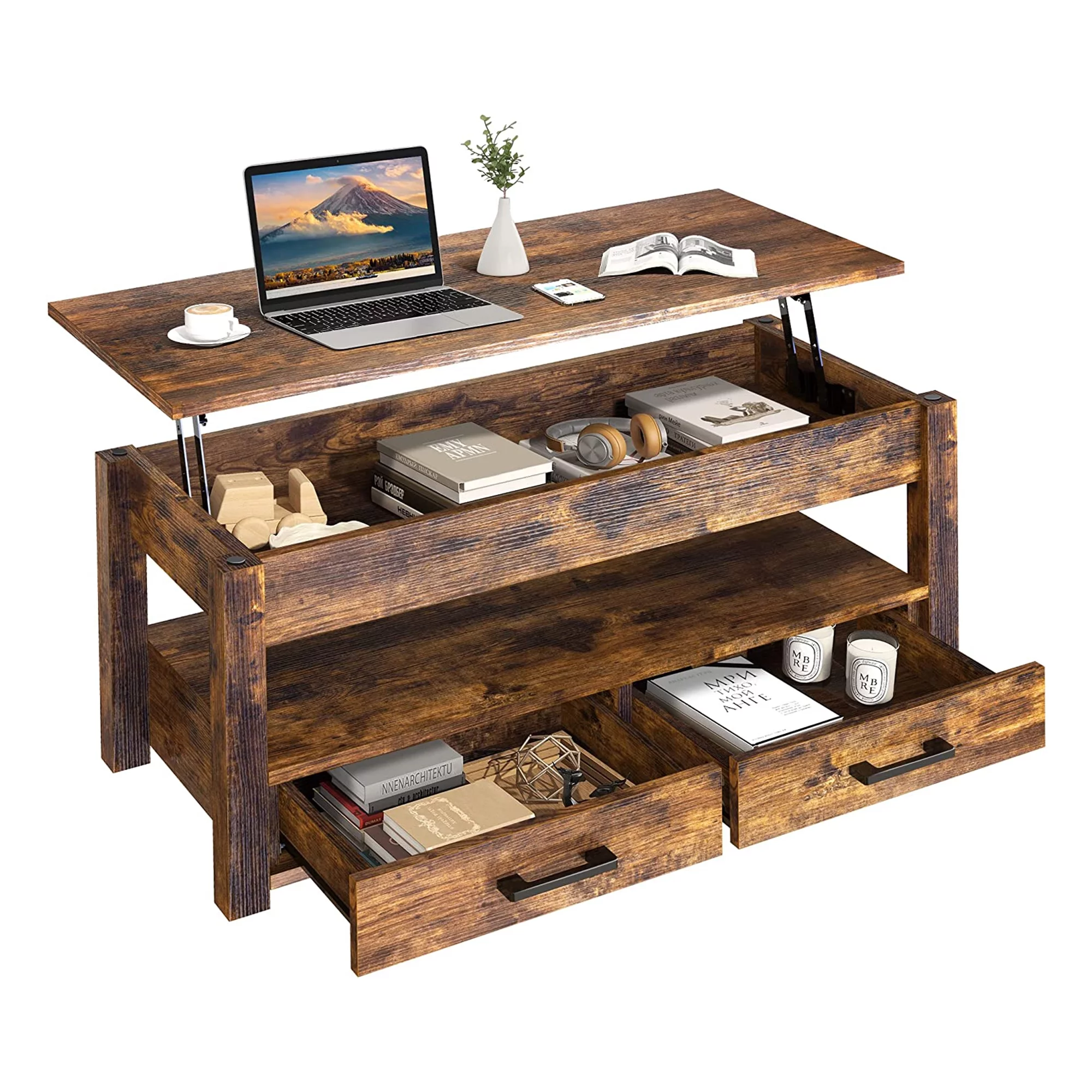 FABATO 23 In Lift Top Rustic Open Storage Coffee Table w/ 2 Drawers, Brown