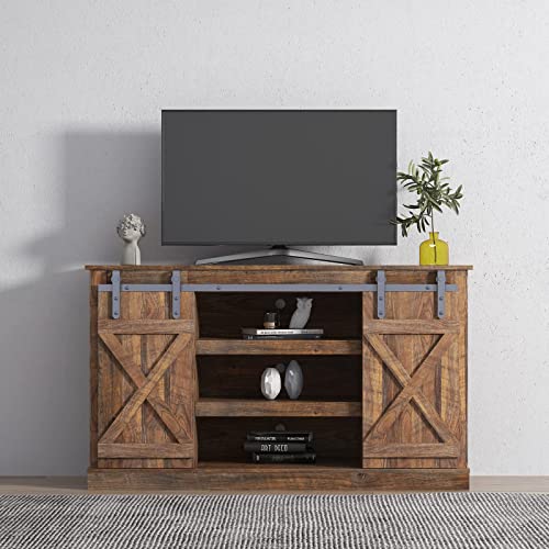 Yoglad Wooden Farmhouse Style 53.9 Inch TV Stand Storage Shelves, Entertainment Center Television Stands with Sliding Wood Barn Doors
