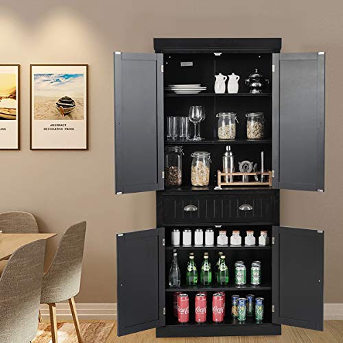 Kitchen Pantry Cupboard Cabinet, Storage Cabinet w/Drawers & Adjustable Shelves, 4-Door Wooden Storage Organizer for Kitchen (White)
