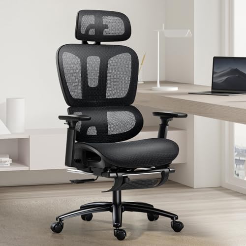 Ergonomic Office Chair with Footrest Mesh Swivel Chair High Back Mesh Executive Chair with Lumbar Support 3D Armrest & Adjustable Headrest Computer