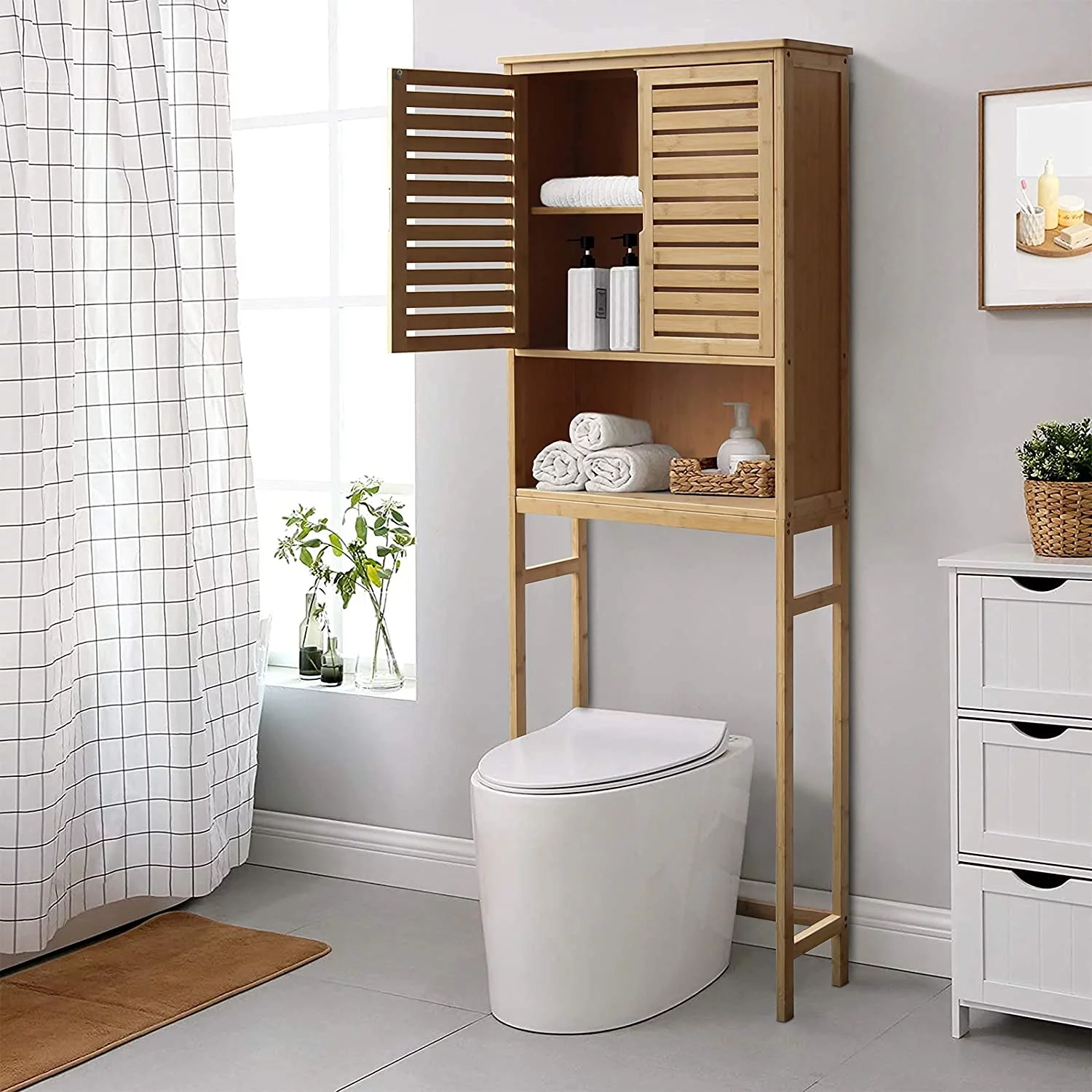Bamboo Over-The-Toilet Storage Cabinet Bathroom Organizer with Shelf and Cupboard, Freestanding Small Over The Toliet Cabinet, Space Save, Natural