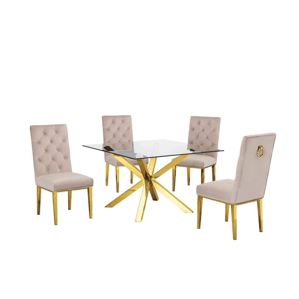 Contemporary Glass 5pc Dining Set, Glass Top Dining Table and Velvet Tufted Side Chairs with Gold Stainless Steel Frame, Beige